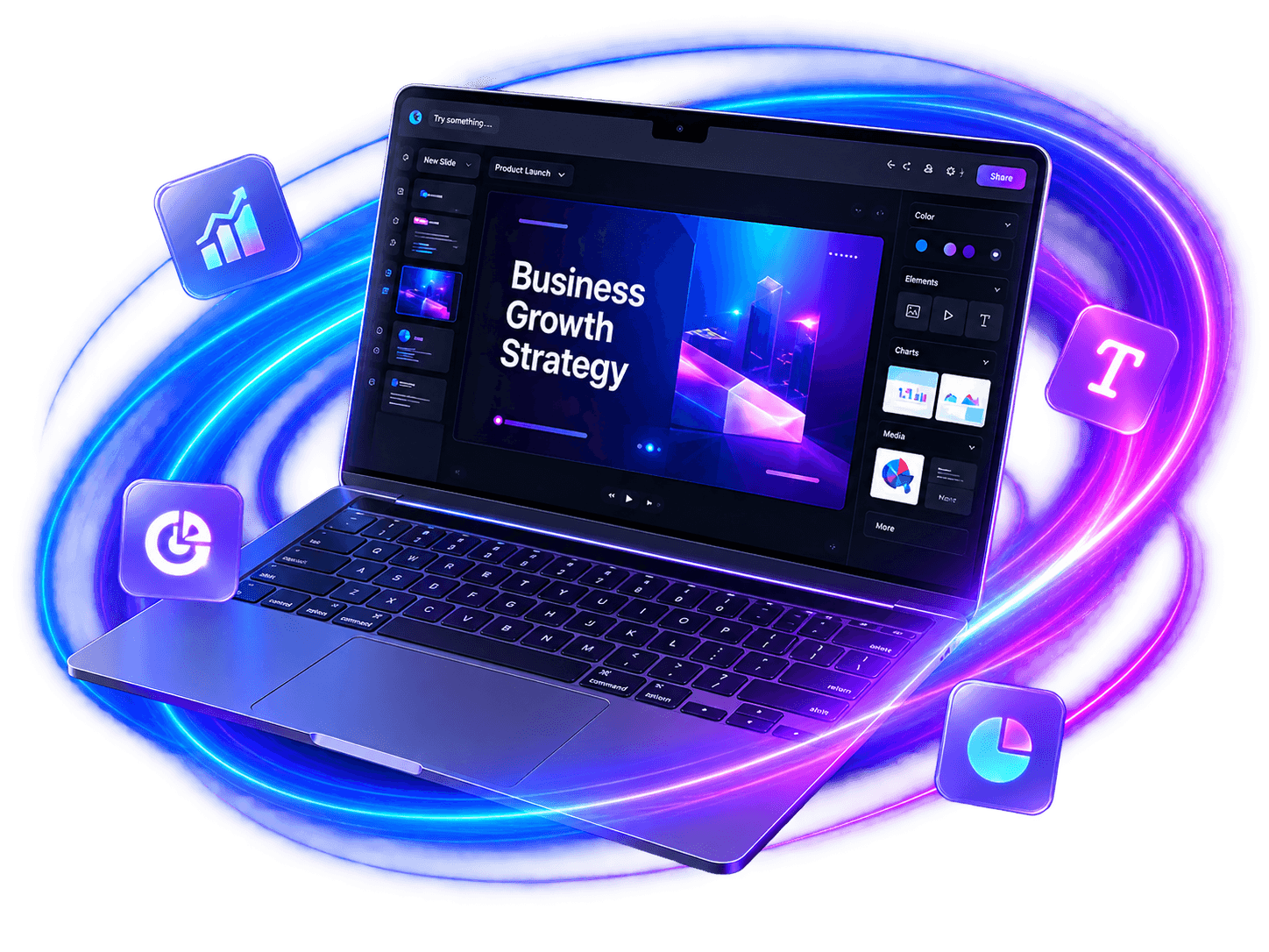 Apex Presentation editor open on a laptop, building a Business Growth Strategy slide
