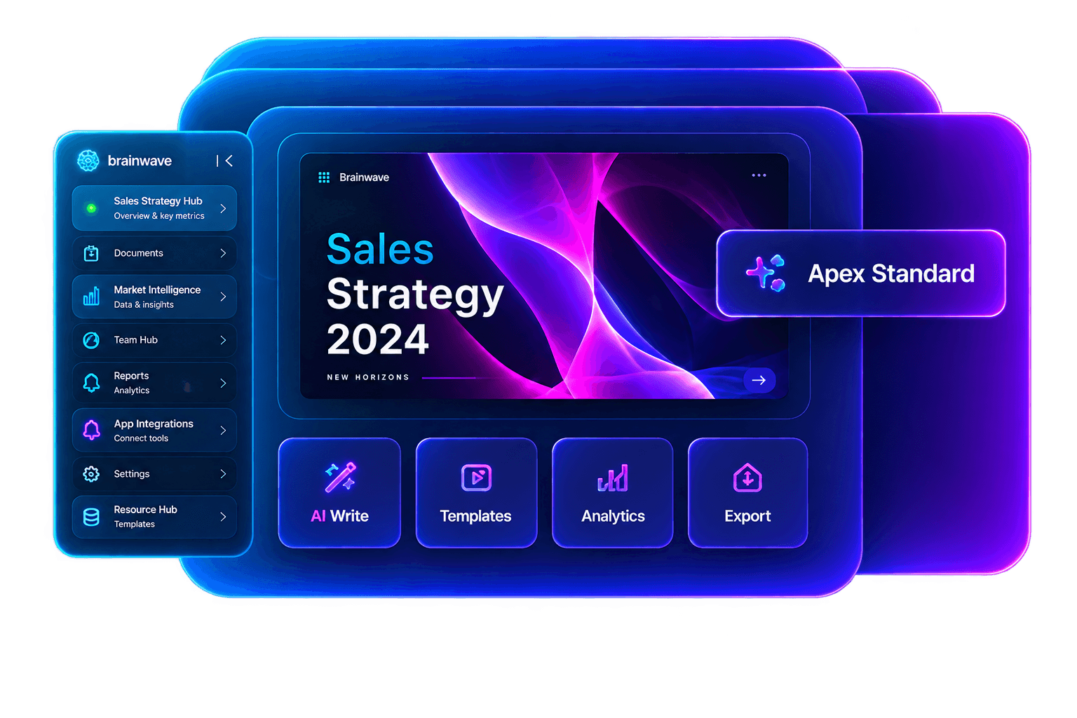 Apex Standard plan preview: a Sales Strategy 2024 deck with AI Write, Templates, Analytics, and Export tools